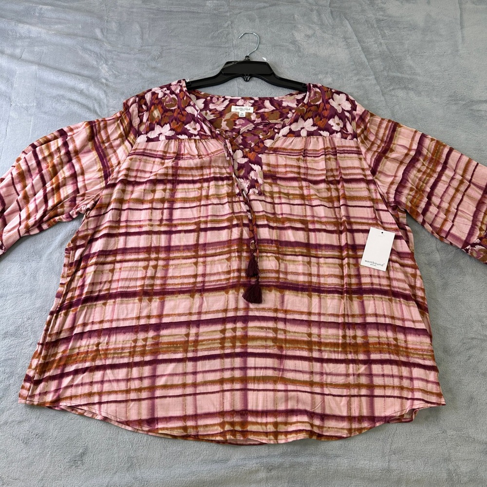 NWT Westbound Woman 2X Pink Plaid Floral Tassel Lace Up Blouse Top